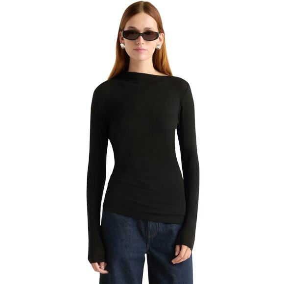 Modern Citizen Tops - Modern Citizen Vittoria Asymmetric Neck Ruched Semi-Sheer Long Sleeve Tee Black